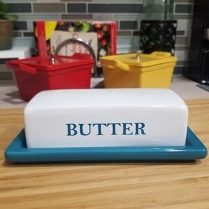 Mainstays Glazed Stoneware Butter‎ Dish Covered Butter Keeper Teal Blue White